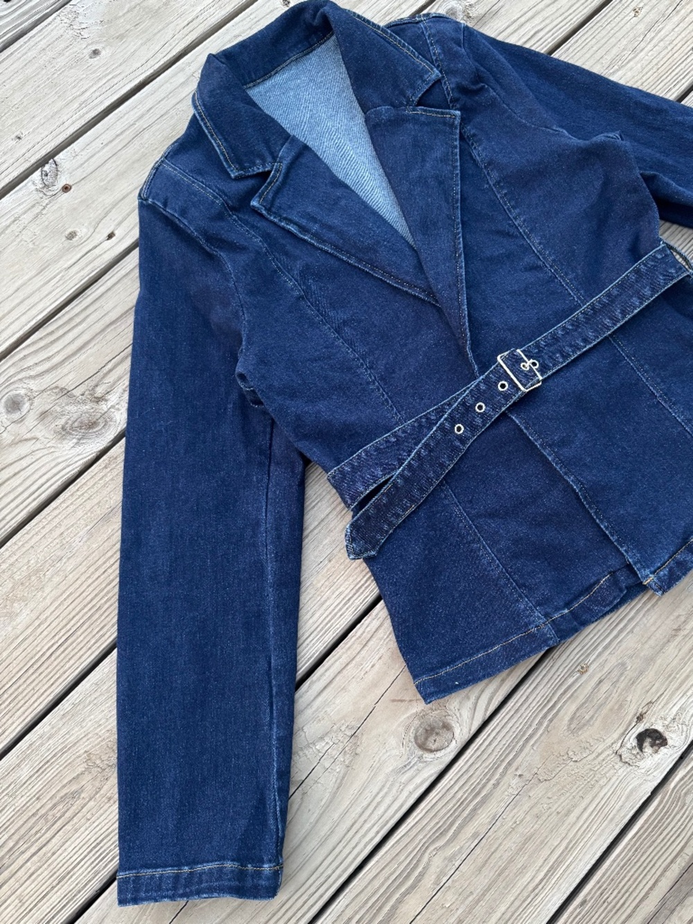 New dark blue belted denim jacket from Missguided, size L